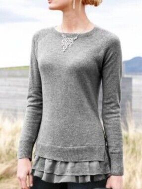 Garnet Hill Shirttail Soft Gray Cashmere Crew Neck Sweater Women's Size Small
